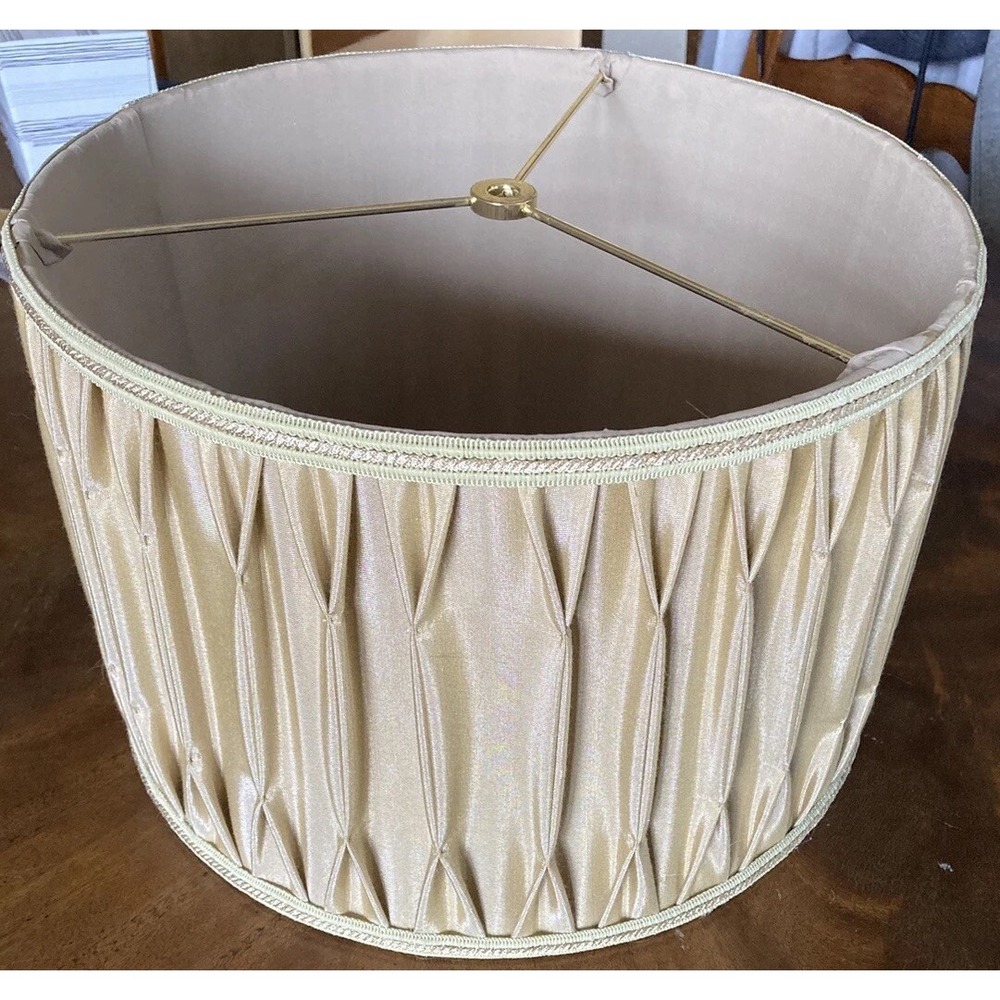 Fabric Lampshade Light Green Pleated MCM Large Fancy Trim On Top And Bottom